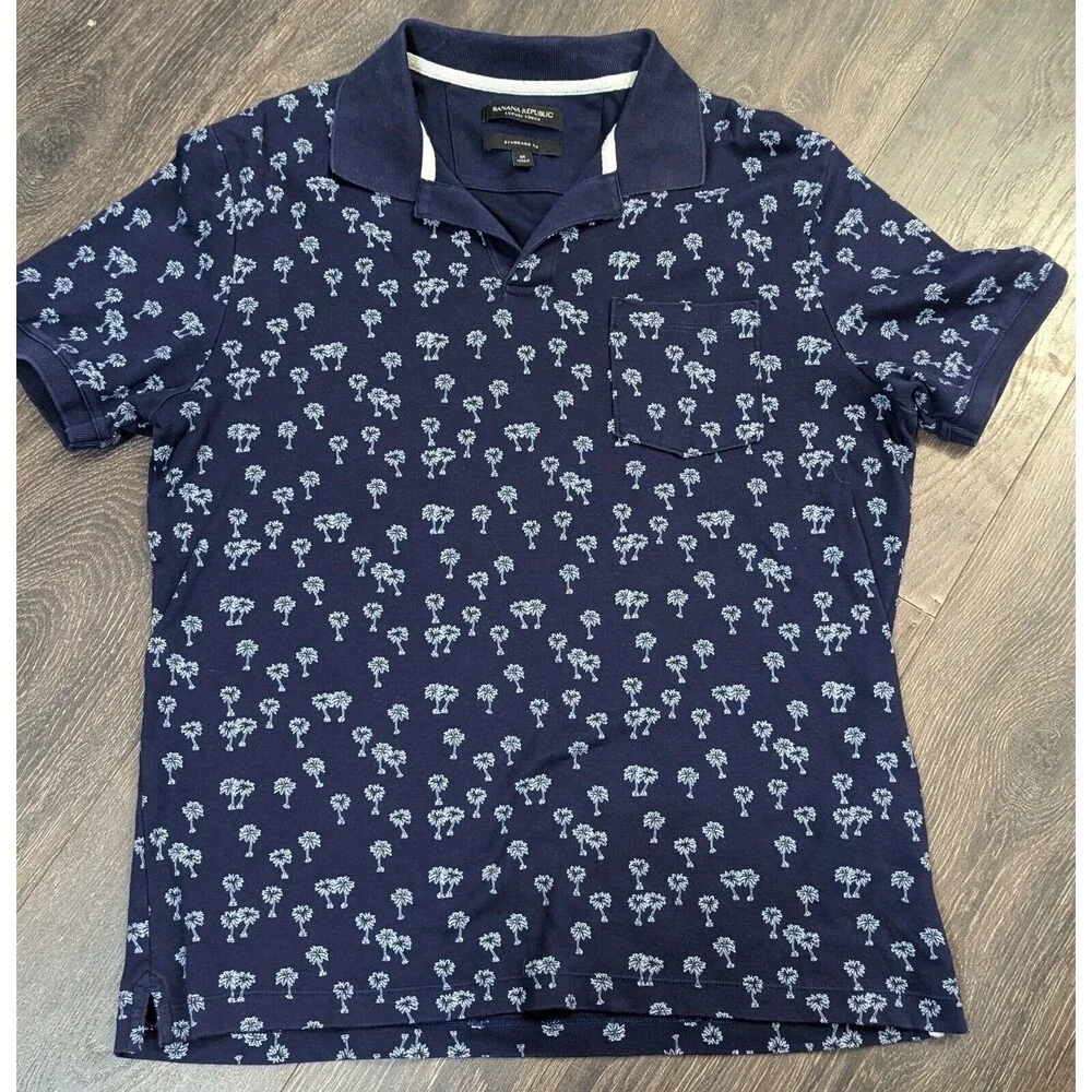 Banana Republic Men’s Polo Shirt Size M Navy Palm Tree Print Short Sleeve (36
